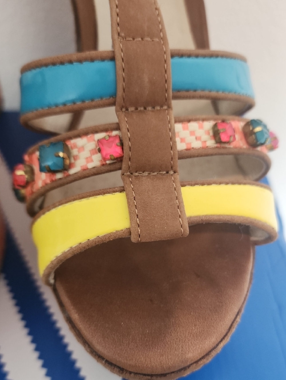 Aldo Tan Wedge Sandals with Yellow & Blue Straps - Picture 4 of 9